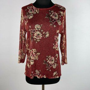 No Bo No Boundaries Juniors XL (15-17) Floral Gold Metallic Sheer Top 3/4 Sleeve
